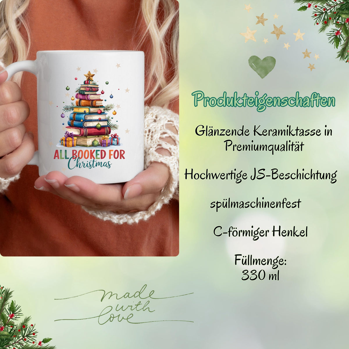 Witzige Weihnachtsgeschenk Tasse mit Bücher-Stapel und Spruch „All Booked for Christmas“. Perfekt für Buchliebhaber, Leseratten und Vielleser. ideal als tasse mit spruch für Frauen Männer als kaffeetasse mit Spruch für Kollegin oder Freundin, oder als lustige tasse Weihnachten. Auch als Wichtelgeschenk, kleines Geschenk zu Weihnachten oder Nikolausgeschenk geeignet. Für Literaturfans, Bibliophile und Tee- oder Kaffeeliebhaber. Keramikbecher mit Humor für gemütliche Lesestunden in der Winterzeit.