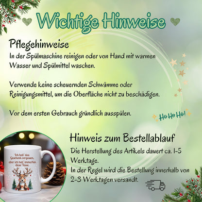Lustige Weihnachtstasse mit Spruch „Ich hab das Geschenk vergessen, aber ich hab immerhin diese Tasse“, Rentier mit Kaffeebecher, Schnee und Tannen. Weihnachtsbecher aus Keramik, als Geschenk Weihnachten für Kollegin, Freund, Freundin oder Familie. Perfekt als Wichtelgeschenk, Nikolausgeschenk oder kleines Geschenk. Wintertasse mit Humor für Frauen, Männer und Paare. Geschenkidee Weihnachten, Kaffeetasse mit Spruch. Für Weihnachtsfeier oder Advent. Lustige Tasse Weihnachten mit Rentier-Motiv
