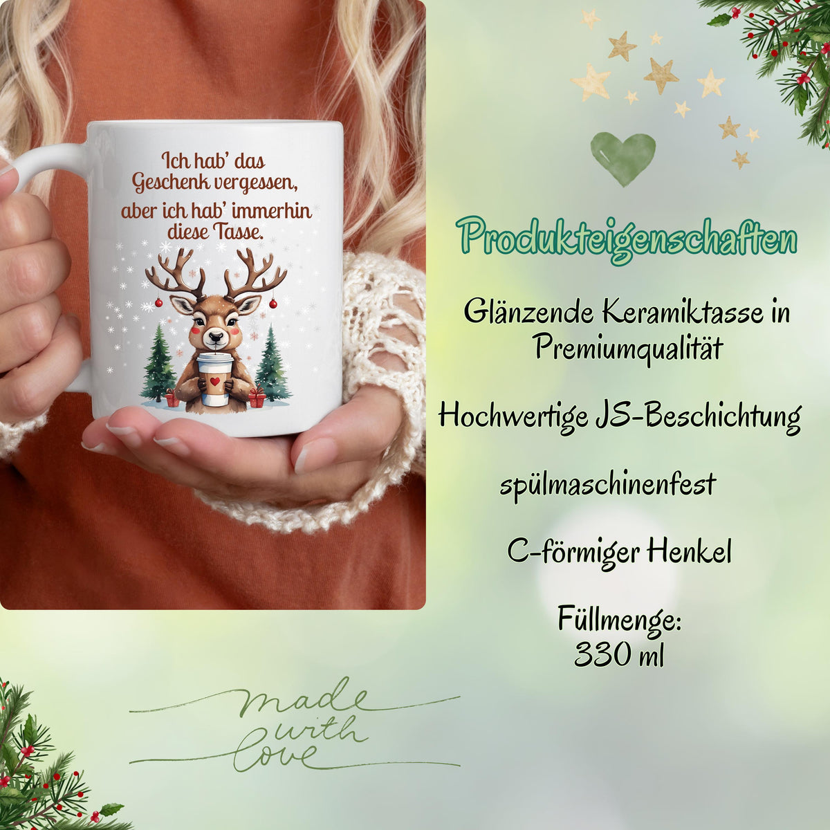 Lustige Weihnachtstasse mit Spruch „Ich hab das Geschenk vergessen, aber ich hab immerhin diese Tasse“, Rentier mit Kaffeebecher, Schnee und Tannen. Weihnachtsbecher aus Keramik, als Geschenk Weihnachten für Kollegin, Freund, Freundin oder Familie. Perfekt als Wichtelgeschenk, Nikolausgeschenk oder kleines Geschenk. Wintertasse mit Humor für Frauen, Männer und Paare. Geschenkidee Weihnachten, Kaffeetasse mit Spruch. Für Weihnachtsfeier oder Advent. Lustige Tasse Weihnachten mit Rentier-Motiv
