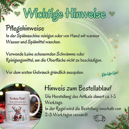 Lustige Glühweintasse mit Rentier und Spruch „Frag mich nach dem dritten Glühwein nochmal“. Weihnachtsbecher mit Humor, Schnee, Wald und zwei Glühweingläsern. Geschenkidee Weihnachten für Kollegin, Freund, Freundin oder Familie. Ideal als Wichtelgeschenk, Nikolausgeschenk oder kleines Geschenk für Glühwein-Fans. Hochwertige Keramiktasse, beidseitig bedruckt. Wintertasse für Männer und Frauen, perfekt für Weihnachtsfeier, Weihnachtsmarkt oder Büro. Geschenk Weihnachten mit Rentier-Motiv