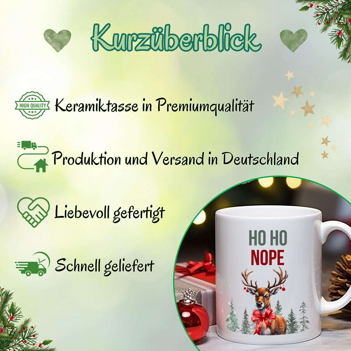 Lustige Anti-Weihnachtstasse mit Spruch „HO HO NOPE“ und Rentier-Motiv mit roter Schleife, Wald und Schnee. Weihnachtsbecher mit Humor, ideal als Geschenk Weihnachten für Kollegin, Freund, Freundin oder Familie. Perfekt als Wichtelgeschenk, Nikolausgeschenk oder kleines Geschenk für Weihnachtsmuffel. Hochwertige Keramiktasse mit Druck, beidseitig bedruckt. Geschenkidee Weihnachten mit Witz für Männer und Frauen. Statement-Tasse mit Weihnachtsspruch. Ideal für Büro Weihnachtsfeier