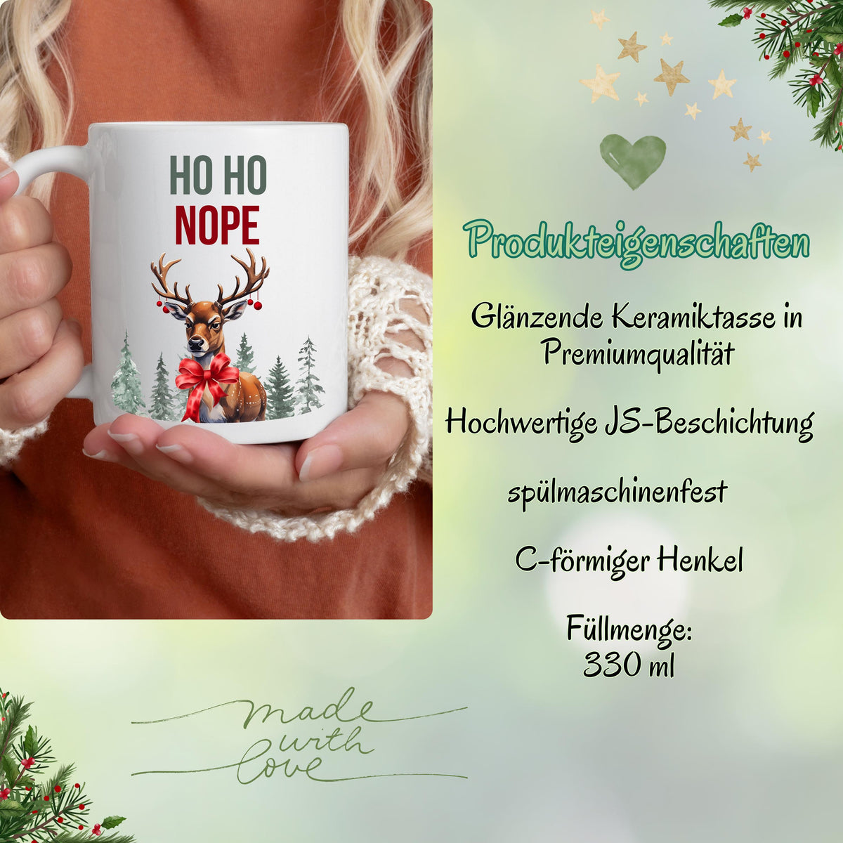 Lustige Anti-Weihnachtstasse mit Spruch „HO HO NOPE“ und Rentier-Motiv mit roter Schleife, Wald und Schnee. Weihnachtsbecher mit Humor, ideal als Geschenk Weihnachten für Kollegin, Freund, Freundin oder Familie. Perfekt als Wichtelgeschenk, Nikolausgeschenk oder kleines Geschenk für Weihnachtsmuffel. Hochwertige Keramiktasse mit Druck, beidseitig bedruckt. Geschenkidee Weihnachten mit Witz für Männer und Frauen. Statement-Tasse mit Weihnachtsspruch. Ideal für Büro Weihnachtsfeier