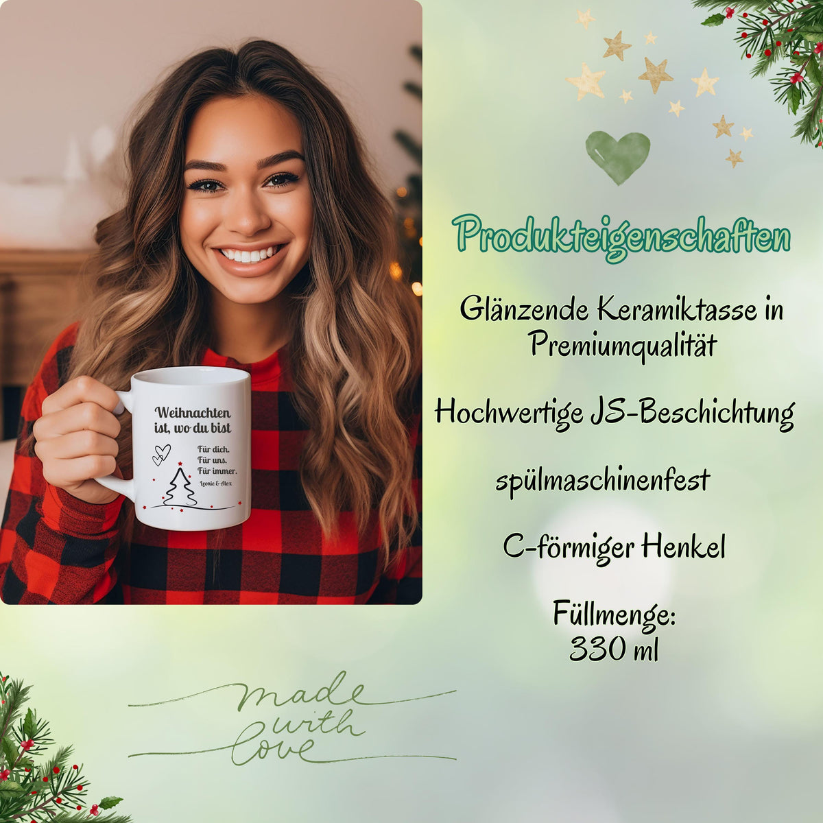Romantische Weihnachtstasse mit Spruch „Weihnachten ist, wo du bist“ und Wunschname. Personalisierte Tasse für Paare, Partner, Freundin oder Freund. Geschenkidee Weihnachten mit Herz für Verliebte oder als liebevolle Aufmerksamkeit in der Adventszeit. Hochwertig bedruckte Keramiktasse mit modernem, schlichtem Design. Perfekt als Wichtelgeschenk, Nikolausüberraschung oder kleines Weihnachtsgeschenk mit emotionaler Botschaft.