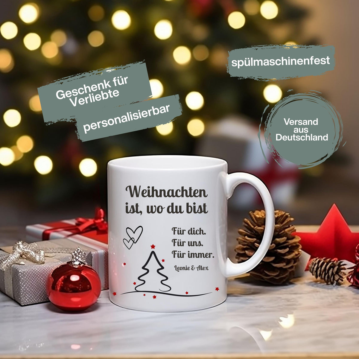 Romantische Weihnachtstasse mit Spruch „Weihnachten ist, wo du bist“ und Wunschname. Personalisierte Tasse für Paare, Partner, Freundin oder Freund. Geschenkidee Weihnachten mit Herz für Verliebte oder als liebevolle Aufmerksamkeit in der Adventszeit. Hochwertig bedruckte Keramiktasse mit modernem, schlichtem Design. Perfekt als Wichtelgeschenk, Nikolausüberraschung oder kleines Weihnachtsgeschenk mit emotionaler Botschaft.