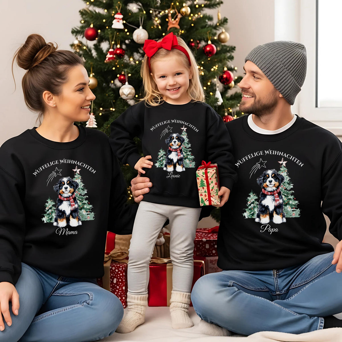 Personalisierter Weihnachtspullover Familie mit Hundemotiv „Wuffelige Weihnachten“. Familienoutfit für Eltern, Kinder Babys und Hundebesitzer mit festlichem Hund und Weihnachtsbaum. Ideal für Tierliebhaber Hundefans und Familienfotos. Nachhaltig produziert, personalisierbar mit Namen, erhältlich als Sweatshirt, T-Shirt oder Babybody. Perfektes Weihnachtsgeschenk für Hundeliebhaber, Familien mit Hund und festliche Partnerlooks. Kuschelweich und mit Liebe gefertigt für Weihnachten mit Fellfreunden