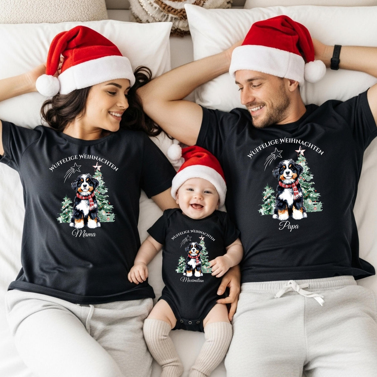 Personalisierter Weihnachtspullover Familie mit Hundemotiv „Wuffelige Weihnachten“. Familienoutfit für Eltern, Kinder Babys und Hundebesitzer mit festlichem Hund und Weihnachtsbaum. Ideal für Tierliebhaber Hundefans und Familienfotos. Nachhaltig produziert, personalisierbar mit Namen, erhältlich als Sweatshirt, T-Shirt oder Babybody. Perfektes Weihnachtsgeschenk für Hundeliebhaber, Familien mit Hund und festliche Partnerlooks. Kuschelweich und mit Liebe gefertigt für Weihnachten mit Fellfreunden