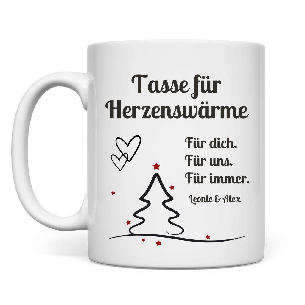 Personalisierte Weihnachtstasse mit Spruch „Tasse für Herzenswärme“ und niedlichem Schneemann-Paar Motiv. Geschenkidee Weihnachten für Paare, Partner, Freundin oder Freund. Wintertasse mit Namen individuell personalisierbar. Keramiktasse Weihnachten für Verliebte oder als romantisches Weihnachtsgeschenk. Lustige Pärchentasse für die Adventszeit, ideal auch als Wichtelgeschenk oder kleine Aufmerksamkeit für den Lieblingsmenschen.