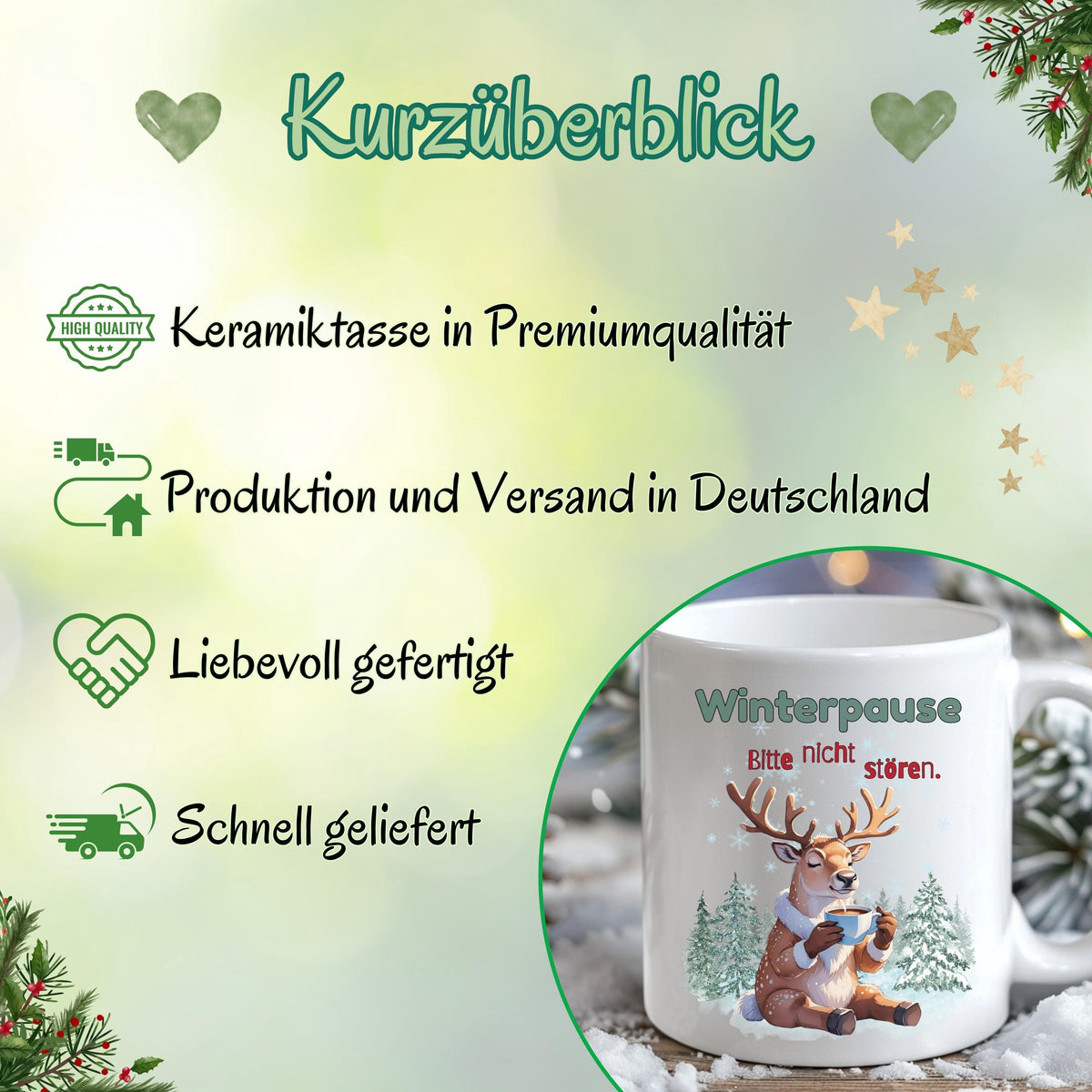 Lustige Weihnachtstasse mit Rentier-Motiv und Spruch „Winterpause – Bitte nicht stören“ als originelles Weihnachtsgeschenk für Männer, Frauen, Kollegin, Kollegen, Freund oder Freundin. Wintertasse aus Keramik mit Weihnachtsmotiv – ideal als Geschenkidee Weihnachten, Wichtelgeschenk, Nikolausgeschenk oder kleines Geschenk für die Adventszeit. Perfekt als Glühweintasse, Kaffeetasse oder Teetasse für Büro oder Zuhause. Hochwertiger Druck, beidseitig bedruckt, spülmaschinengeeignet.