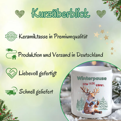Lustige Weihnachtstasse mit Rentier-Motiv und Spruch „Winterpause – Bitte nicht stören“ als originelles Weihnachtsgeschenk für Männer, Frauen, Kollegin, Kollegen, Freund oder Freundin. Wintertasse aus Keramik mit Weihnachtsmotiv – ideal als Geschenkidee Weihnachten, Wichtelgeschenk, Nikolausgeschenk oder kleines Geschenk für die Adventszeit. Perfekt als Glühweintasse, Kaffeetasse oder Teetasse für Büro oder Zuhause. Hochwertiger Druck, beidseitig bedruckt, spülmaschinengeeignet.