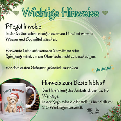 Lustige Weihnachtstasse mit Hund und Spruch „Merry Woofmas“ – perfekte Geschenkidee für Hundefreunde, Hundeeltern oder Tierliebhaber zu Weihnachten. Hochwertiger Keramikbecher mit süßem Hundemotiv und Weihnachtsmütze – ideal als Wintertasse für Kaffee, Tee oder Kakao. Tasse als liebevolles Weihnachtsgeschenk für Kollegin, Freundin, Familie oder als Wichtelgeschenk. Spülmaschinenfest und nachhaltig in Deutschland bedruckt – ideal für Hundebesitzer:innen mit Humor. Tasse Hundliebhaber Hundefans