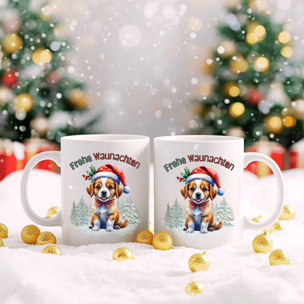Lustige Weihnachtstasse mit Hundemotiv und Spruch „Frohe Waunachten“ – perfekt als Weihnachtsgeschenk für Hundefreunde, Kollegen, Familie oder Freunde. Die Keramiktasse zeigt einen süßen Welpen mit Weihnachtsmütze, Geschenk und Tannenwald – ideal für den Advent, Nikolaus oder als Wichtelgeschenk. Geschenkidee für Hundebesitzer zu Weihnachten. Hochwertiger Druck, langlebig und farbenfroh. Wintertasse für Kaffee, Tee, Kakao oder Glühwein mit liebevollem Hundedesign und festlicher Stimmung.
