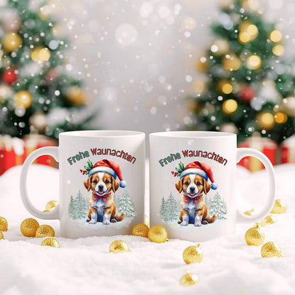 Lustige Weihnachtstasse mit Hundemotiv und Spruch „Frohe Waunachten“ – perfekt als Weihnachtsgeschenk für Hundefreunde, Kollegen, Familie oder Freunde. Die Keramiktasse zeigt einen süßen Welpen mit Weihnachtsmütze, Geschenk und Tannenwald – ideal für den Advent, Nikolaus oder als Wichtelgeschenk. Geschenkidee für Hundebesitzer zu Weihnachten. Hochwertiger Druck, langlebig und farbenfroh. Wintertasse für Kaffee, Tee, Kakao oder Glühwein mit liebevollem Hundedesign und festlicher Stimmung.
