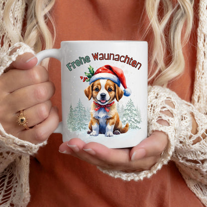 Lustige Weihnachtstasse mit Hundemotiv und Spruch „Frohe Waunachten“ – perfekt als Weihnachtsgeschenk für Hundefreunde, Kollegen, Familie oder Freunde. Die Keramiktasse zeigt einen süßen Welpen mit Weihnachtsmütze, Geschenk und Tannenwald – ideal für den Advent, Nikolaus oder als Wichtelgeschenk. Geschenkidee für Hundebesitzer zu Weihnachten. Hochwertiger Druck, langlebig und farbenfroh. Wintertasse für Kaffee, Tee, Kakao oder Glühwein mit liebevollem Hundedesign und festlicher Stimmung.