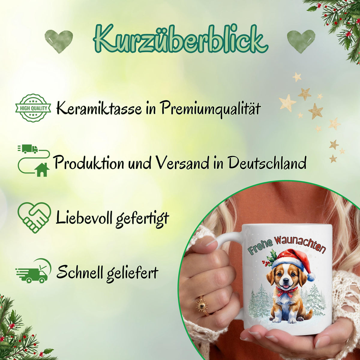 Lustige Weihnachtstasse mit Hundemotiv und Spruch „Frohe Waunachten“ – perfekt als Weihnachtsgeschenk für Hundefreunde, Kollegen, Familie oder Freunde. Die Keramiktasse zeigt einen süßen Welpen mit Weihnachtsmütze, Geschenk und Tannenwald – ideal für den Advent, Nikolaus oder als Wichtelgeschenk. Geschenkidee für Hundebesitzer zu Weihnachten. Hochwertiger Druck, langlebig und farbenfroh. Wintertasse für Kaffee, Tee, Kakao oder Glühwein mit liebevollem Hundedesign und festlicher Stimmung.