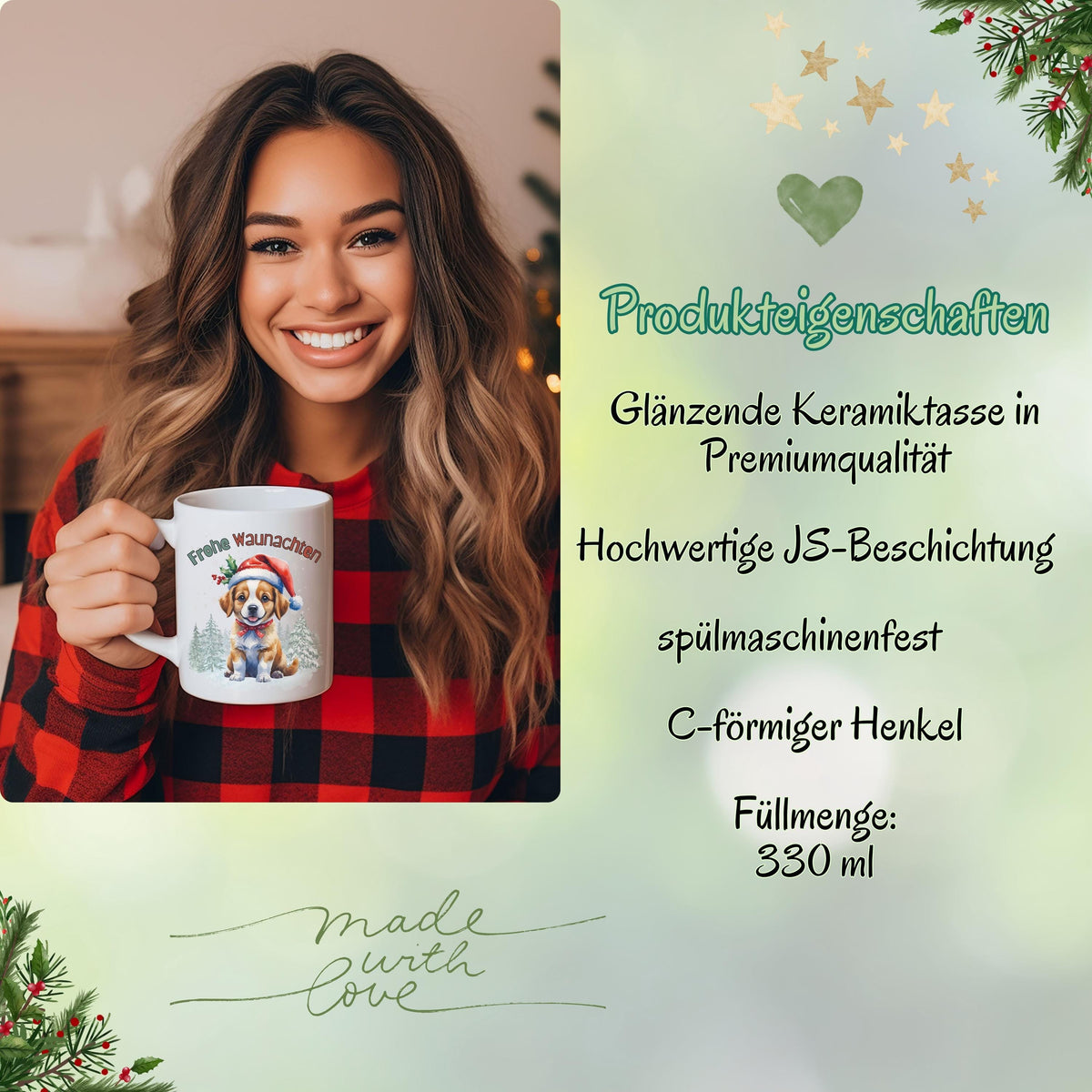 Lustige Weihnachtstasse mit Hundemotiv und Spruch „Frohe Waunachten“ – perfekt als Weihnachtsgeschenk für Hundefreunde, Kollegen, Familie oder Freunde. Die Keramiktasse zeigt einen süßen Welpen mit Weihnachtsmütze, Geschenk und Tannenwald – ideal für den Advent, Nikolaus oder als Wichtelgeschenk. Geschenkidee für Hundebesitzer zu Weihnachten. Hochwertiger Druck, langlebig und farbenfroh. Wintertasse für Kaffee, Tee, Kakao oder Glühwein mit liebevollem Hundedesign und festlicher Stimmung.