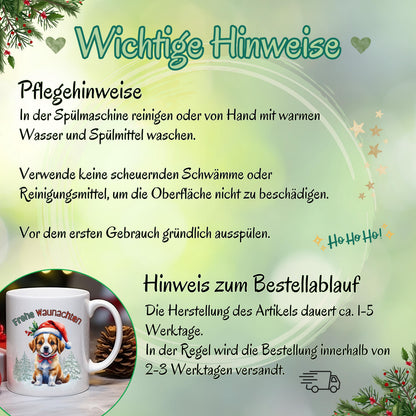 Lustige Weihnachtstasse mit Hundemotiv und Spruch „Frohe Waunachten“ – perfekt als Weihnachtsgeschenk für Hundefreunde, Kollegen, Familie oder Freunde. Die Keramiktasse zeigt einen süßen Welpen mit Weihnachtsmütze, Geschenk und Tannenwald – ideal für den Advent, Nikolaus oder als Wichtelgeschenk. Geschenkidee für Hundebesitzer zu Weihnachten. Hochwertiger Druck, langlebig und farbenfroh. Wintertasse für Kaffee, Tee, Kakao oder Glühwein mit liebevollem Hundedesign und festlicher Stimmung.