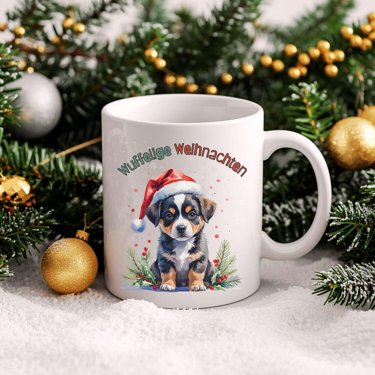 Lustige Weihnachtstasse mit Hundemotiv und Spruch „Wuffelige Weihnachten“ – ideales Geschenk für Hundefreunde, Hundebesitzer und Tierliebhaber zu Weihnachten. Die Tasse zeigt einen niedlichen Welpen mit Weihnachtsmütze in winterlicher Kulisse – perfekt als Nikolausgeschenk, Wichtelgeschenk oder als kleines Präsent für Kollegen und Freunde. Hochwertige Keramiktasse für Kaffee, Tee oder Kakao mit farbenfrohem Druck. Geschenkidee mit Herz für alle, die Weihnachten und Hunde lieben.