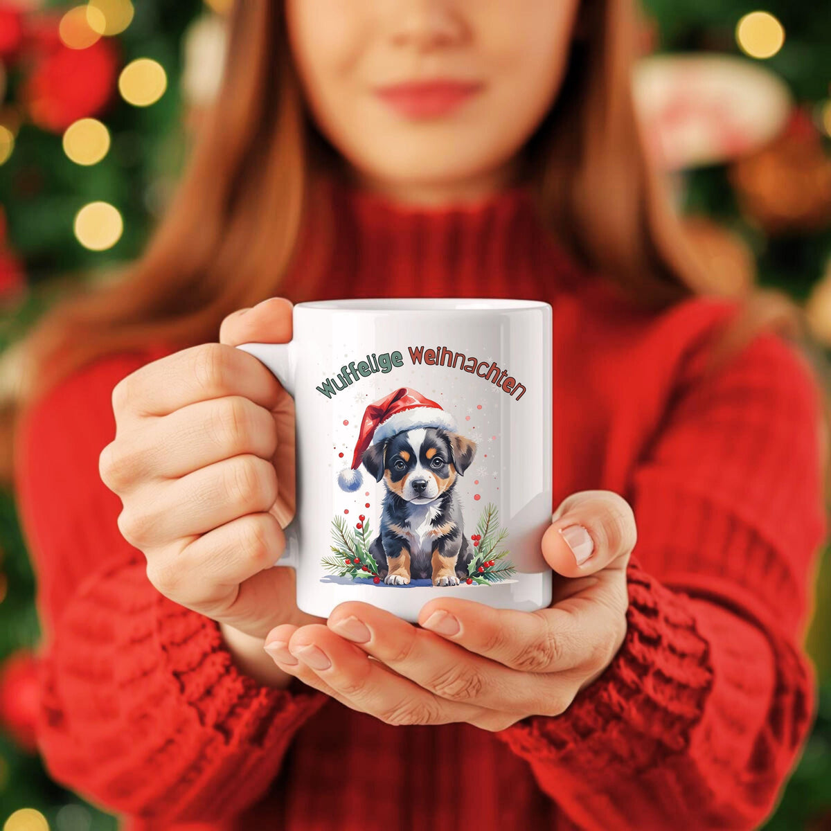 Lustige Weihnachtstasse mit Hundemotiv und Spruch „Wuffelige Weihnachten“ – ideales Geschenk für Hundefreunde, Hundebesitzer und Tierliebhaber zu Weihnachten. Die Tasse zeigt einen niedlichen Welpen mit Weihnachtsmütze in winterlicher Kulisse – perfekt als Nikolausgeschenk, Wichtelgeschenk oder als kleines Präsent für Kollegen und Freunde. Hochwertige Keramiktasse für Kaffee, Tee oder Kakao mit farbenfrohem Druck. Geschenkidee mit Herz für alle, die Weihnachten und Hunde lieben.
