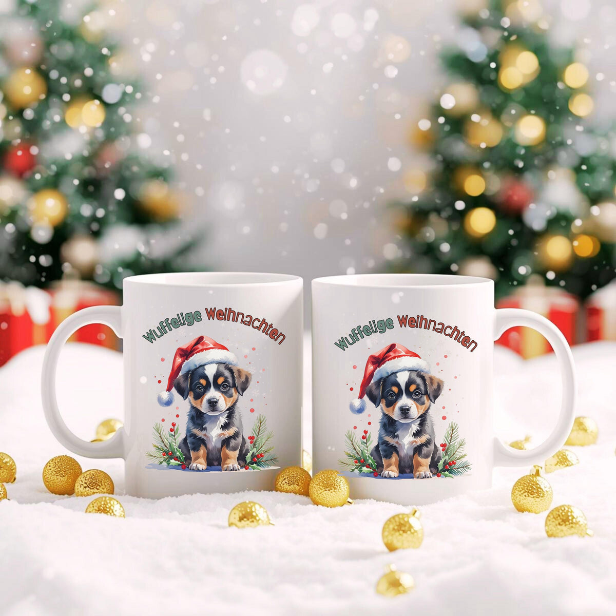 Lustige Weihnachtstasse mit Hundemotiv und Spruch „Wuffelige Weihnachten“ – ideales Geschenk für Hundefreunde, Hundebesitzer und Tierliebhaber zu Weihnachten. Die Tasse zeigt einen niedlichen Welpen mit Weihnachtsmütze in winterlicher Kulisse – perfekt als Nikolausgeschenk, Wichtelgeschenk oder als kleines Präsent für Kollegen und Freunde. Hochwertige Keramiktasse für Kaffee, Tee oder Kakao mit farbenfrohem Druck. Geschenkidee mit Herz für alle, die Weihnachten und Hunde lieben.