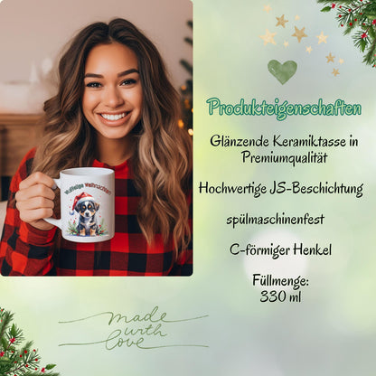 Lustige Weihnachtstasse mit Hundemotiv und Spruch „Wuffelige Weihnachten“ – ideales Geschenk für Hundefreunde, Hundebesitzer und Tierliebhaber zu Weihnachten. Die Tasse zeigt einen niedlichen Welpen mit Weihnachtsmütze in winterlicher Kulisse – perfekt als Nikolausgeschenk, Wichtelgeschenk oder als kleines Präsent für Kollegen und Freunde. Hochwertige Keramiktasse für Kaffee, Tee oder Kakao mit farbenfrohem Druck. Geschenkidee mit Herz für alle, die Weihnachten und Hunde lieben.