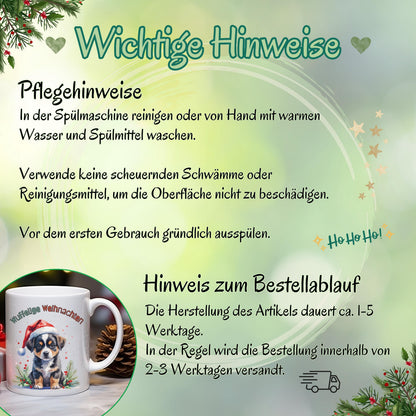 Lustige Weihnachtstasse mit Hundemotiv und Spruch „Wuffelige Weihnachten“ – ideales Geschenk für Hundefreunde, Hundebesitzer und Tierliebhaber zu Weihnachten. Die Tasse zeigt einen niedlichen Welpen mit Weihnachtsmütze in winterlicher Kulisse – perfekt als Nikolausgeschenk, Wichtelgeschenk oder als kleines Präsent für Kollegen und Freunde. Hochwertige Keramiktasse für Kaffee, Tee oder Kakao mit farbenfrohem Druck. Geschenkidee mit Herz für alle, die Weihnachten und Hunde lieben.
