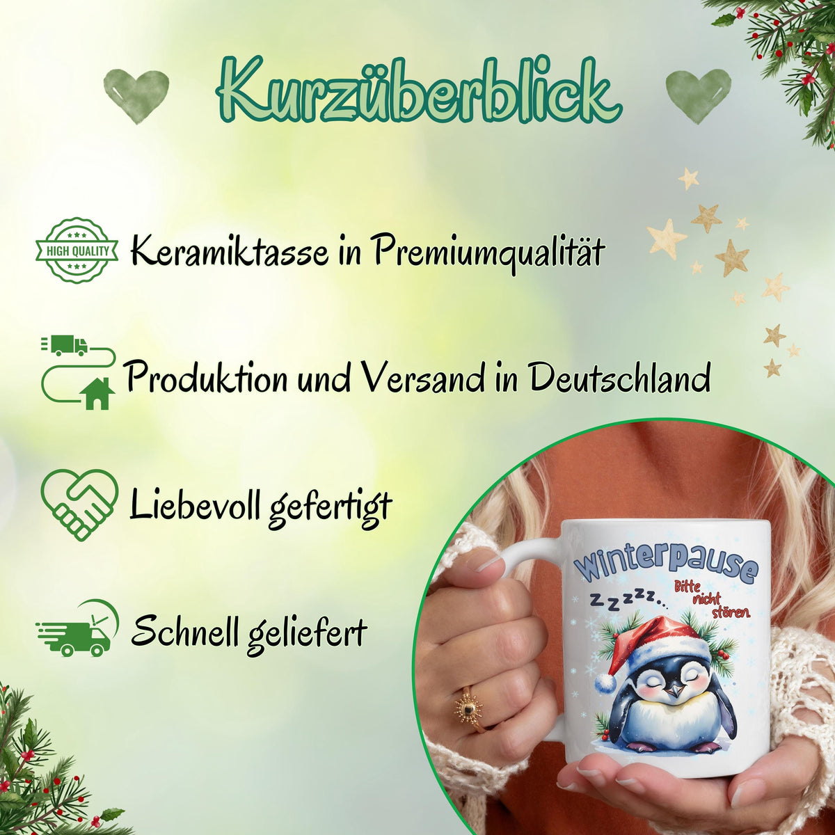 Lustige Weihnachtstasse mit Pinguinmotiv und Spruch „Winterpause – Bitte nicht stören“ – perfektes Geschenk für Kollegen, Freund, Freundin oder Familie zu Weihnachten. Der schläfrige Pinguin mit Weihnachtsmütze und heißem Getränk bringt Ruhe in jede Kaffeepause. Hochwertige Keramiktasse für festliche Jahreszeit. Ideal als Nikolausgeschenk, Wichtelgeschenk, kleines Weihnachtsgeschenk oder humorvolle Aufmerksamkeit für Homeoffice, Büro oder Sofa-Zeit. Perfekt für Kaffee, Tee oder heiße Schokolade.