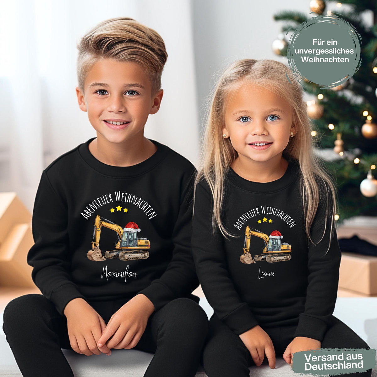 Weihnachtspullover für Kinder mit Bagger und Weihnachtsmütze – personalisiert mit Namen. Festliches Weihnachtsoutfit für Jungs und Mädchen, ideal als Geschwister Outfit. Erhältlich als Sweatshirt, T-Shirt oder Body, hochwertig bedruckt, weich und langlebig. Perfekt als Geschenkidee zu Weihnachten oder für festliche Familienfotos. Für kleine Fahrzeugfans, Kinder und Kleinkinder, die Weihnachten mit Freude und Glanz lieben. Nachhaltig gefertigt aus Baumwolle und mit viel Liebe gestaltet.