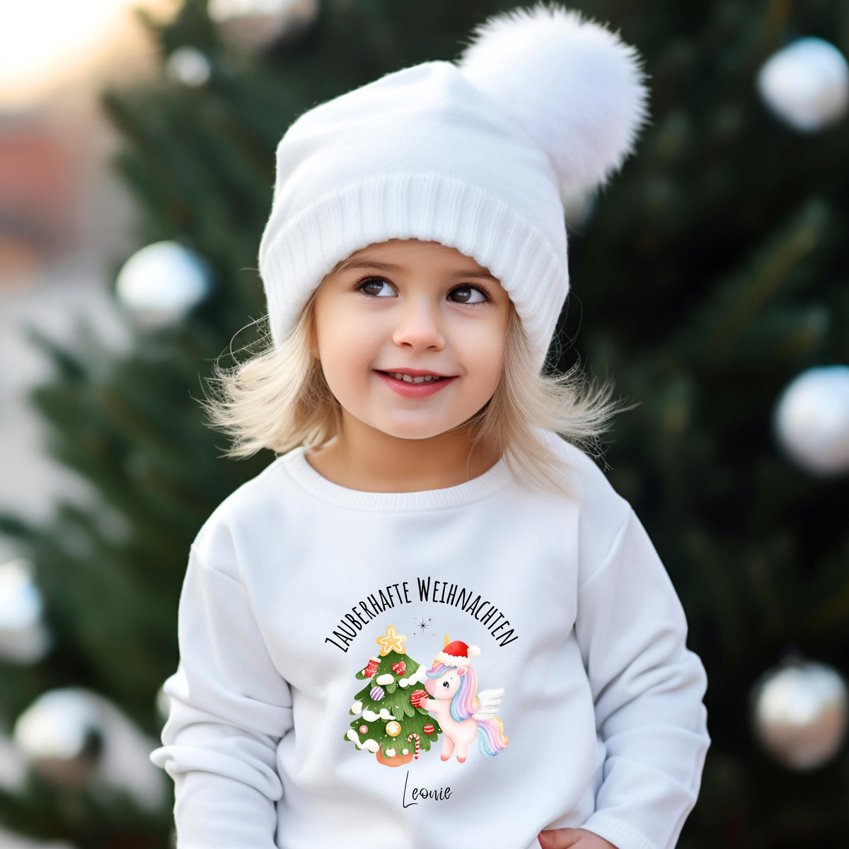 Personalisierter Einhorn Weihnachtspullover Kinder mit Namen – festliches Weihnachtsoutfit für Mädchen und Jungen. Perfekt als Geschwister Outfit Weihnachten oder Weihnachtsgeschenk Baby. Niedliches Einhorn mit Weihnachtsbaum und Mütze auf Pullover, T-Shirt oder Body. Kinder Kleidung Weihnachten, Bio Baumwolle, hochwertiger Druck, nachhaltig produziert. Ideal für Familienfotos, Feiern, Kindergarten oder Krippe. Magisches Einhorn Weihnachtsoutfit für kleine Träumerinnen und Träumer.