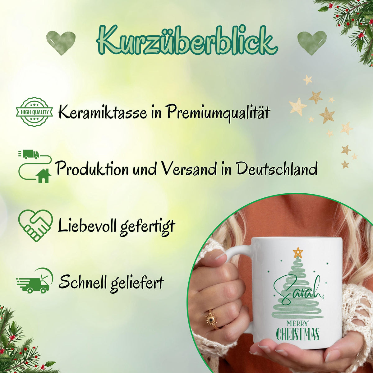 Personalisierbare Weihnachtstasse mit modernem Tannenbaum-Design in Mintgrün, verziert mit einem goldenen Stern und dem Schriftzug "Merry Christmas" – darunter individualisierbar mit Wunschnamen wie Felix oder Laura. Die Keramiktasse ist ein Geschenk zu Weihnachten für Freunde, Kinder, Partner oder Familie. Ideal als individuelles Weihnachtsgeschenk, Wichtelgeschenk oder festliche Wintertasse mit Namen – perfekt für die Adventszeit, Heiligabend oder als besondere Überraschung im Nikola