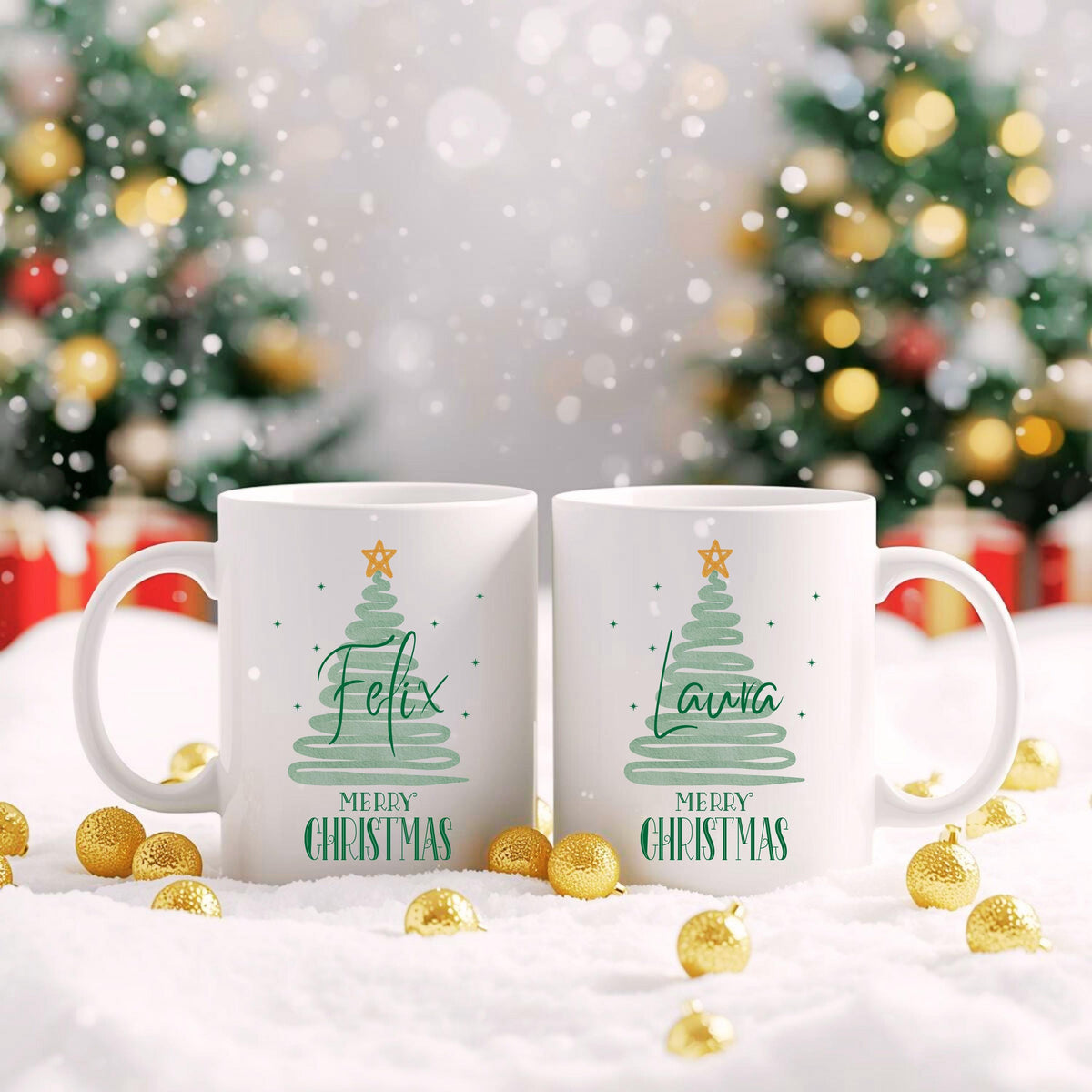 Personalisierbare Weihnachtstasse mit modernem Tannenbaum-Design in Mintgrün, verziert mit einem goldenen Stern und dem Schriftzug "Merry Christmas" – darunter individualisierbar mit Wunschnamen wie Felix oder Laura. Die Keramiktasse ist ein Geschenk zu Weihnachten für Freunde, Kinder, Partner oder Familie. Ideal als individuelles Weihnachtsgeschenk, Wichtelgeschenk oder festliche Wintertasse mit Namen – perfekt für die Adventszeit, Heiligabend oder als besondere Überraschung im Nikola