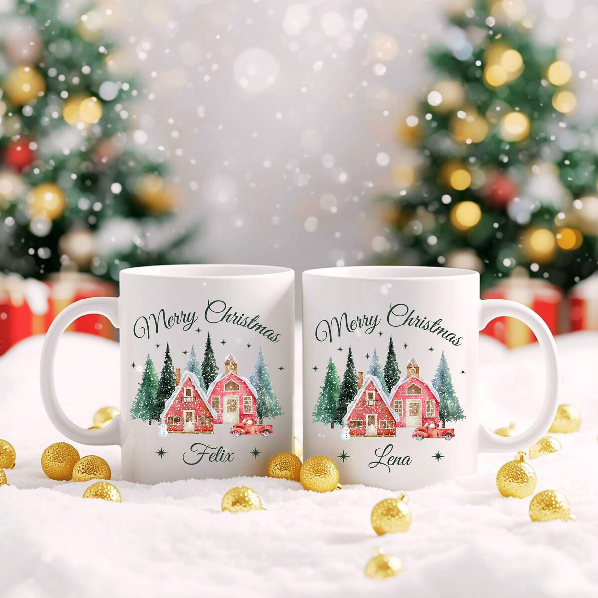 Personalisierte Weihnachtstasse mit Weihnachtsdorf-Motiv, dekoriert mit verschneiten Häusern, Tannenbäumen, rotem Auto und dem Schriftzug „Merry Christmas“. Unten lässt sich der Name individuell einfügen. Die festliche Keramiktasse ist ideal als Weihnachtsgeschenk für Familie, Freunde oder Kolleg:innen. Perfekt geeignet als Wichtelgeschenk, Geschenkidee für die Adventszeit oder als liebevoll gestalteter Winterbecher mit Namenspersonalisierung, für festliche Momente mit Herz und Stil.
