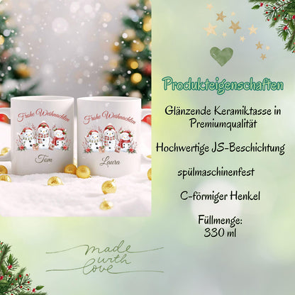 Personalisierte Weihnachtstasse mit winterlichem Schneemann-Motiv, bestehend aus drei festlich geschmückten Schneemännern mit Mütze und Schal sowie dem Schriftzug „Frohe Weihnachten“. Darunter ist der Wunschname – z. B. Sarah – elegant integriert. Diese Keramiktasse eignet sich ideal als individuelles Weihnachtsgeschenk für Freunde, Partner, Kinder oder Familie. Perfekt als Wichtelgeschenk, Nikolausidee oder festlicher Winterbecher für den Advent. Mit liebevollem Design und persönlicher Note.