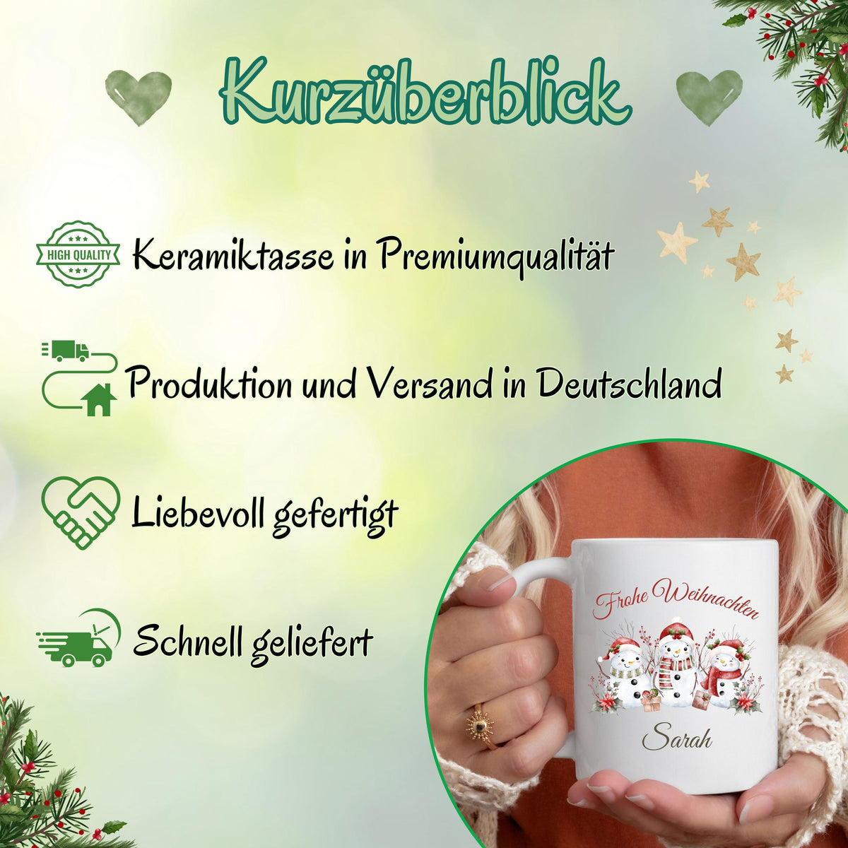 Personalisierte Weihnachtstasse mit winterlichem Schneemann-Motiv, bestehend aus drei festlich geschmückten Schneemännern mit Mütze und Schal sowie dem Schriftzug „Frohe Weihnachten“. Darunter ist der Wunschname – z. B. Sarah – elegant integriert. Diese Keramiktasse eignet sich ideal als individuelles Weihnachtsgeschenk für Freunde, Partner, Kinder oder Familie. Perfekt als Wichtelgeschenk, Nikolausidee oder festlicher Winterbecher für den Advent. Mit liebevollem Design und persönlicher Note.