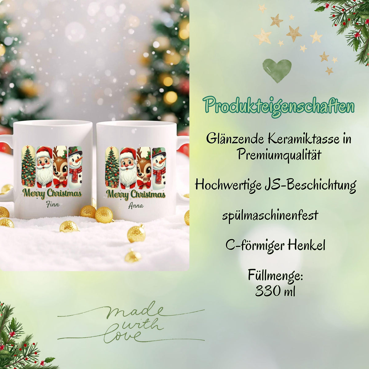 Personalisierte Weihnachtstasse aus Keramik mit klassischem Weihnachtsmotiv – bestehend aus Weihnachtsbaum, Weihnachtsmann, Rentier und Schneemann im charmanten Vintage-Stil. Mit individuellem Wunschnamen (z. B. Sarah) personalisierbar. Perfekt als Weihnachtsgeschenk für Kinder, Partner, Freundinnen oder Familie. Die festliche Illustration macht die Tasse zum Highlight auf dem Frühstückstisch, ideal als Wichtelgeschenk oder liebevolles Präsent für Katzenfreunde, Kollegen oder den Adventskalender