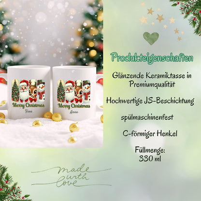 Personalisierte Weihnachtstasse aus Keramik mit klassischem Weihnachtsmotiv – bestehend aus Weihnachtsbaum, Weihnachtsmann, Rentier und Schneemann im charmanten Vintage-Stil. Mit individuellem Wunschnamen (z. B. Sarah) personalisierbar. Perfekt als Weihnachtsgeschenk für Kinder, Partner, Freundinnen oder Familie. Die festliche Illustration macht die Tasse zum Highlight auf dem Frühstückstisch, ideal als Wichtelgeschenk oder liebevolles Präsent für Katzenfreunde, Kollegen oder den Adventskalender