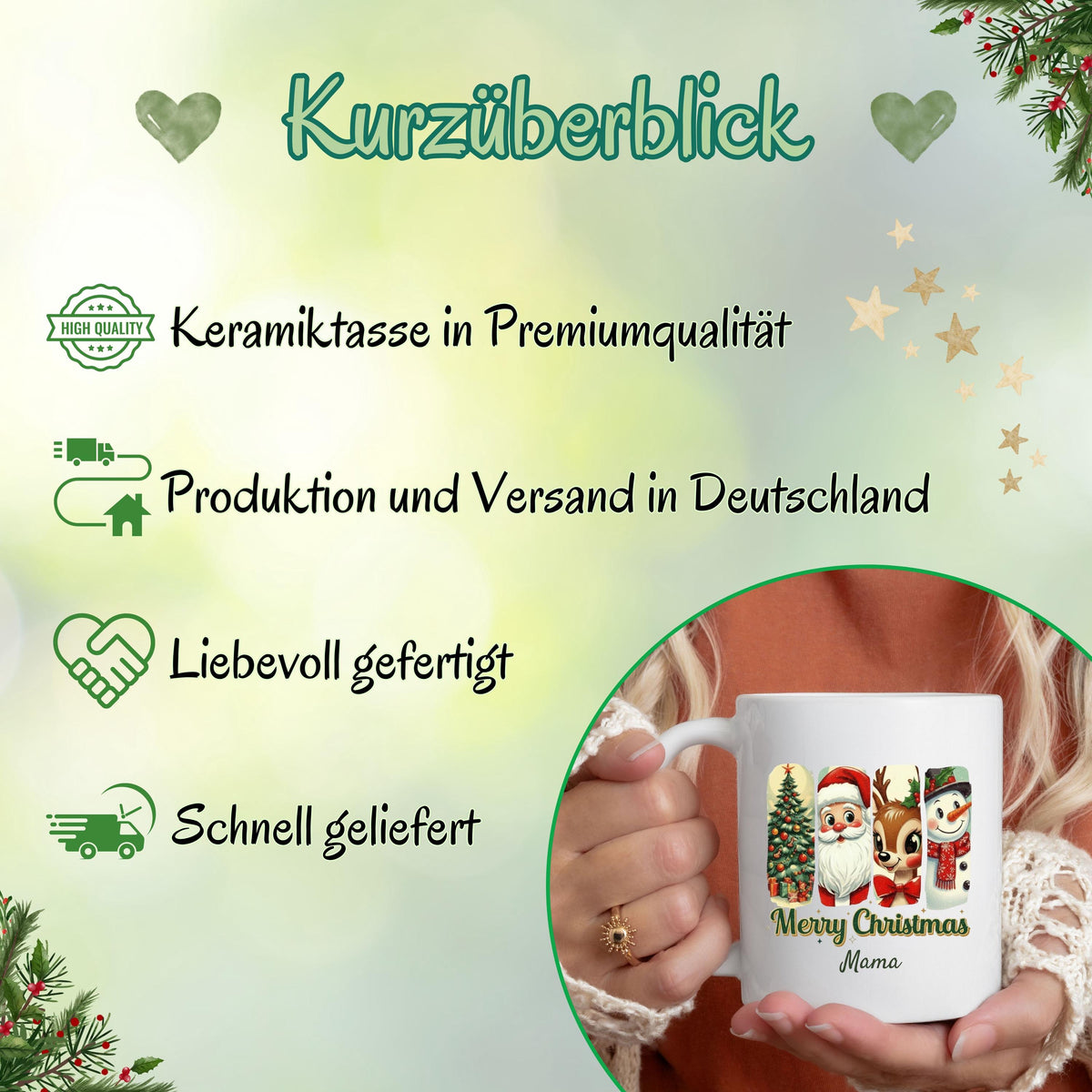 Personalisierte Weihnachtstasse aus Keramik mit klassischem Weihnachtsmotiv – bestehend aus Weihnachtsbaum, Weihnachtsmann, Rentier und Schneemann im charmanten Vintage-Stil. Mit individuellem Wunschnamen (z. B. Sarah) personalisierbar. Perfekt als Weihnachtsgeschenk für Kinder, Partner, Freundinnen oder Familie. Die festliche Illustration macht die Tasse zum Highlight auf dem Frühstückstisch, ideal als Wichtelgeschenk oder liebevolles Präsent für Katzenfreunde, Kollegen oder den Adventskalender