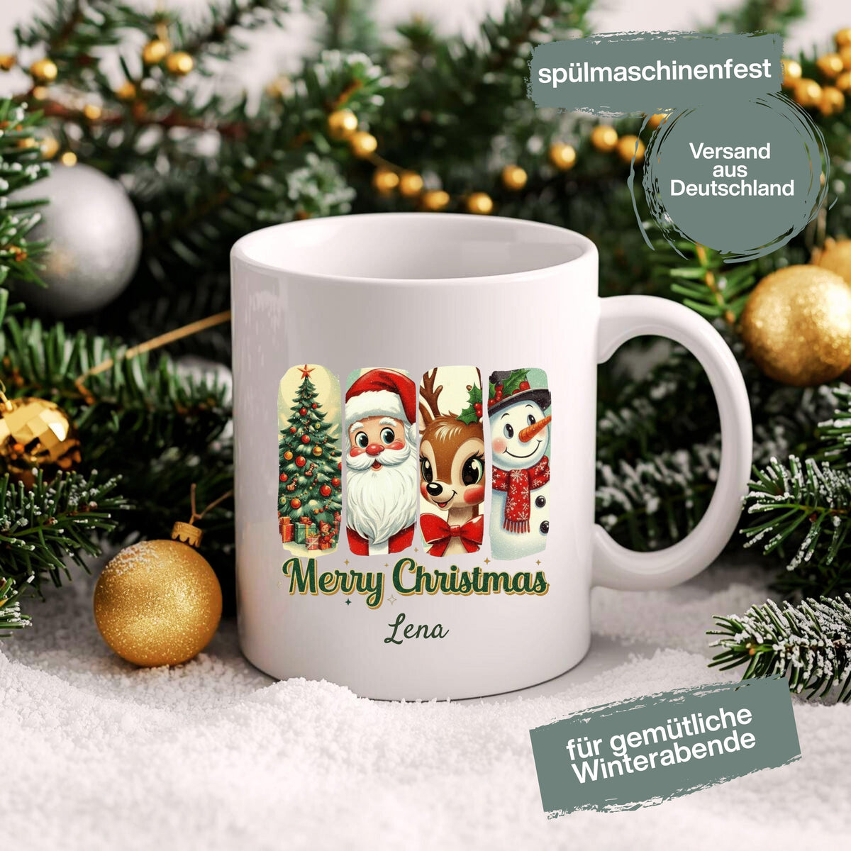 Personalisierte Weihnachtstasse aus Keramik mit klassischem Weihnachtsmotiv – bestehend aus Weihnachtsbaum, Weihnachtsmann, Rentier und Schneemann im charmanten Vintage-Stil. Mit individuellem Wunschnamen (z. B. Sarah) personalisierbar. Perfekt als Weihnachtsgeschenk für Kinder, Partner, Freundinnen oder Familie. Die festliche Illustration macht die Tasse zum Highlight auf dem Frühstückstisch, ideal als Wichtelgeschenk oder liebevolles Präsent für Katzenfreunde, Kollegen oder den Adventskalender