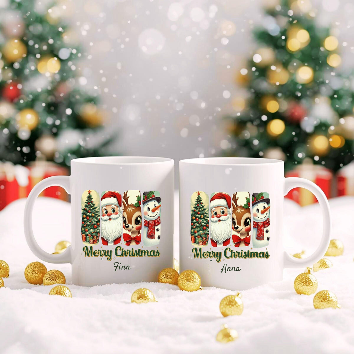 Personalisierte Weihnachtstasse aus Keramik mit klassischem Weihnachtsmotiv – bestehend aus Weihnachtsbaum, Weihnachtsmann, Rentier und Schneemann im charmanten Vintage-Stil. Mit individuellem Wunschnamen (z. B. Sarah) personalisierbar. Perfekt als Weihnachtsgeschenk für Kinder, Partner, Freundinnen oder Familie. Die festliche Illustration macht die Tasse zum Highlight auf dem Frühstückstisch, ideal als Wichtelgeschenk oder liebevolles Präsent für Katzenfreunde, Kollegen oder den Adventskalender