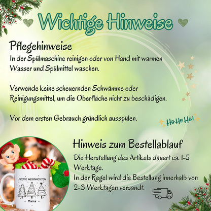 Weiße Keramiktasse mit festlichem Weihnachtsdesign, bestehend aus drei Tannenbäumen in Schwarz-Weiß. Darüber steht der Schriftzug „Frohe Weihnachten“ in Großbuchstaben, darunter ein personalisierter Name. Die minimalistische Gestaltung macht die Tasse zu einem tollen Begleiter durch die Adventszeit. Ideal als personalisierbares Weihnachtsgeschenk für Partner, Kinder, Freunde oder Familie. Perfekt als Nikolausgeschenk, für den Adventskalender oder als liebevolle Wichtelidee mit persönlicher Note.