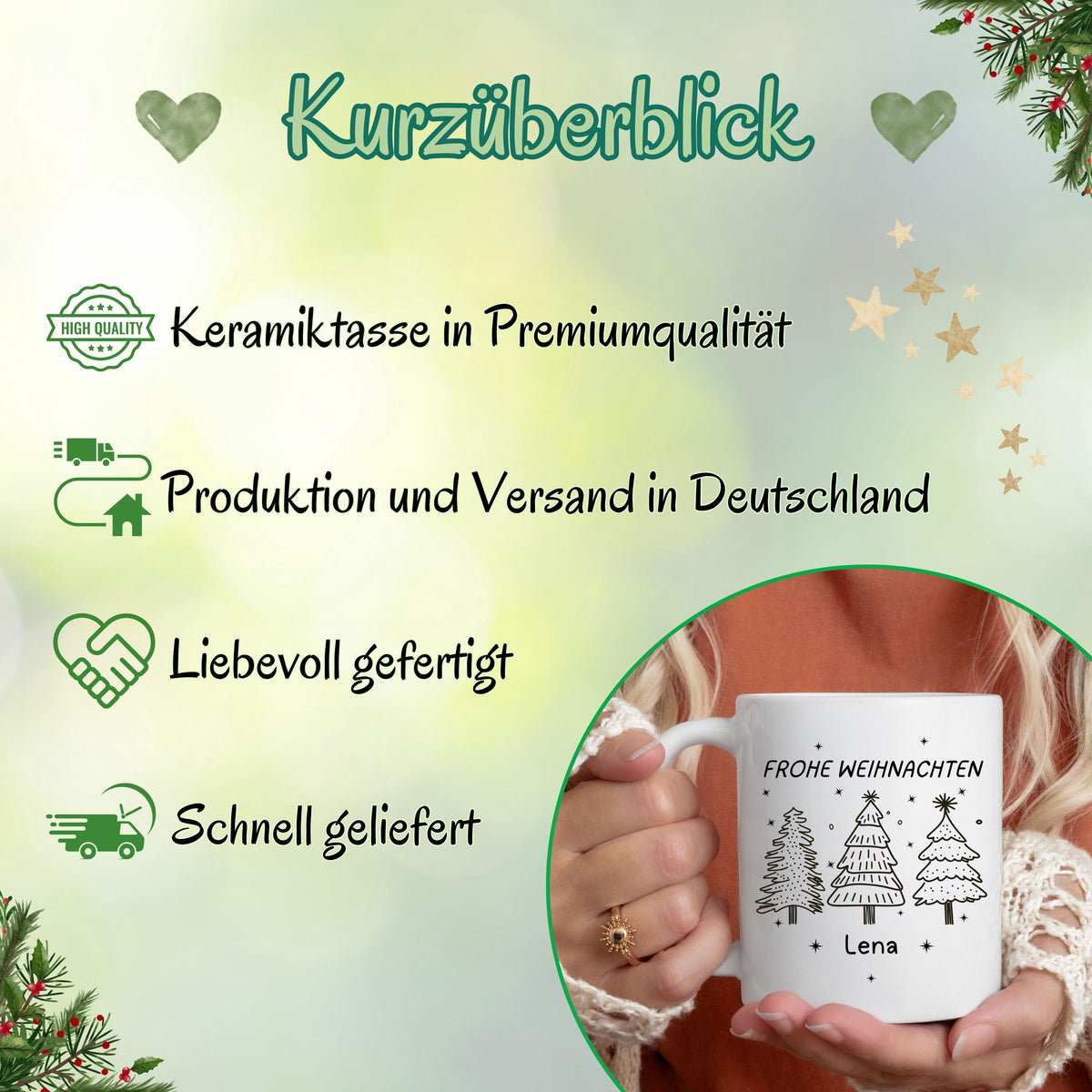 Weiße Keramiktasse mit festlichem Weihnachtsdesign, bestehend aus drei Tannenbäumen in Schwarz-Weiß. Darüber steht der Schriftzug „Frohe Weihnachten“ in Großbuchstaben, darunter ein personalisierter Name. Die minimalistische Gestaltung macht die Tasse zu einem tollen Begleiter durch die Adventszeit. Ideal als personalisierbares Weihnachtsgeschenk für Partner, Kinder, Freunde oder Familie. Perfekt als Nikolausgeschenk, für den Adventskalender oder als liebevolle Wichtelidee mit persönlicher Note.