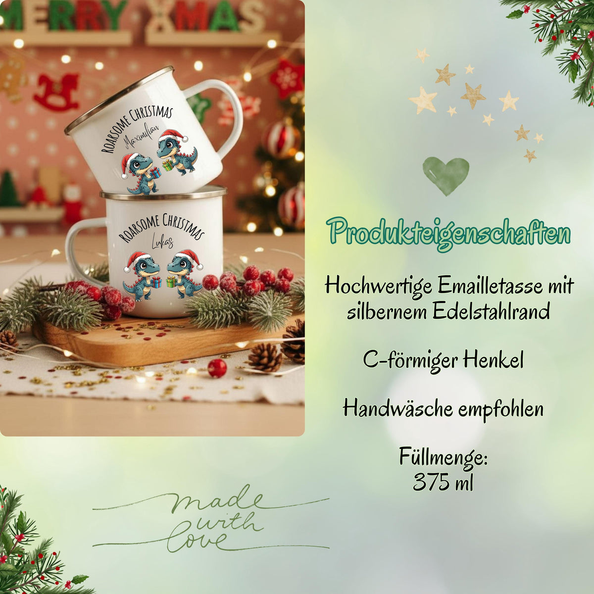 Personalisierte Emaille Weihnachtstasse für Kinder mit Namen und Dinosaurier. Zwei Dinos mit Weihnachtsmützen und Geschenken sorgen für festliche Stimmung. Diese bruchsichere Kindertasse aus Emaille ist leicht, robust und ideal für kleine Hände. Perfekt als Kakao-Tasse im Advent, Weihnachtsgeschenk für Kinder, Nikolaus-Mitbringsel oder festliches Accessoire. Ideal für kleine Dino-Fans, Kindergartenkinder oder den Adventskalender. Emailletasse mit Weihnachtsmotiv, personalisierbar mit Wunschnamen