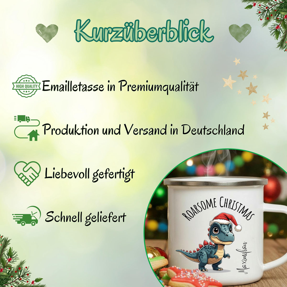Personalisierte Emailletasse für Kinder mit Weihnachtsmotiv: Ein süßer Dino mit Weihnachtsmütze steht im Zentrum, darüber der Schriftzug „Roarsome Christmas“, darunter ein individualisierbarer Name. Perfekt als Geschenkidee für Jungen und Mädchen zu Weihnachten. Die Emailletasse ist leicht, robust und ideal für Kinderhände – ideal für Kakao, Tee oder warmen Kinderpunsch. Weihnachtsgeschenk mit persönlicher Note für kleine Dino-Fans, liebevoll gestaltet und nachhaltig produziert in Deutschland.