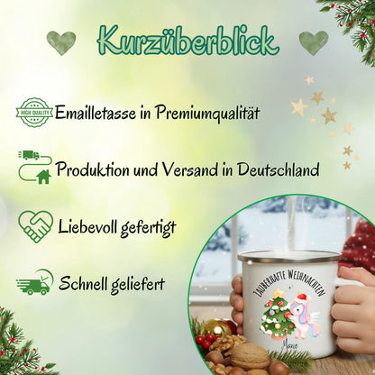 Personalisierte Emailletasse für Kinder mit Einhorn-Design: Die Weihnachtstasse zeigt ein rosa Einhorn, das einen Weihnachtsbaum dekoriert. Darüber der Schriftzug „Zauberhafte Weihnachten“, unten ein personalisierbarer Name. Ideal als Weihnachtsgeschenk für Mädchen, Einhorn-Fans und kleine Träumerinnen. Die Tasse ist aus robuster Emaille, leicht und perfekt für Kinderhände – geeignet für Kakao, Tee oder warmen Apfelsaft. Liebevoll gestaltet, personalisiert und ideal für die festliche Jahreszeit.