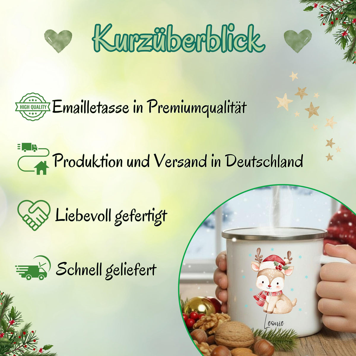 Emaille Kindertasse Weihnachten personalisiert mit Reh Motiv und Wunschnamen. Die winterliche Tasse zeigt ein niedliches Rentier mit rotem Schal und Weihnachtsmütze, umgeben von Schneeflocken – perfekt als Weihnachtsgeschenk für Kinder. Der Name macht die Tasse einzigartig und sorgt für festliche Stimmung. Ideal für Kakao, Tee oder Milch in der Winterzeit. Robuste, bruchsichere Emaille – ein liebevolles, langlebiges Geschenk für Jungen und Mädchen zu Weihnachten oder als Adventsüberraschung.