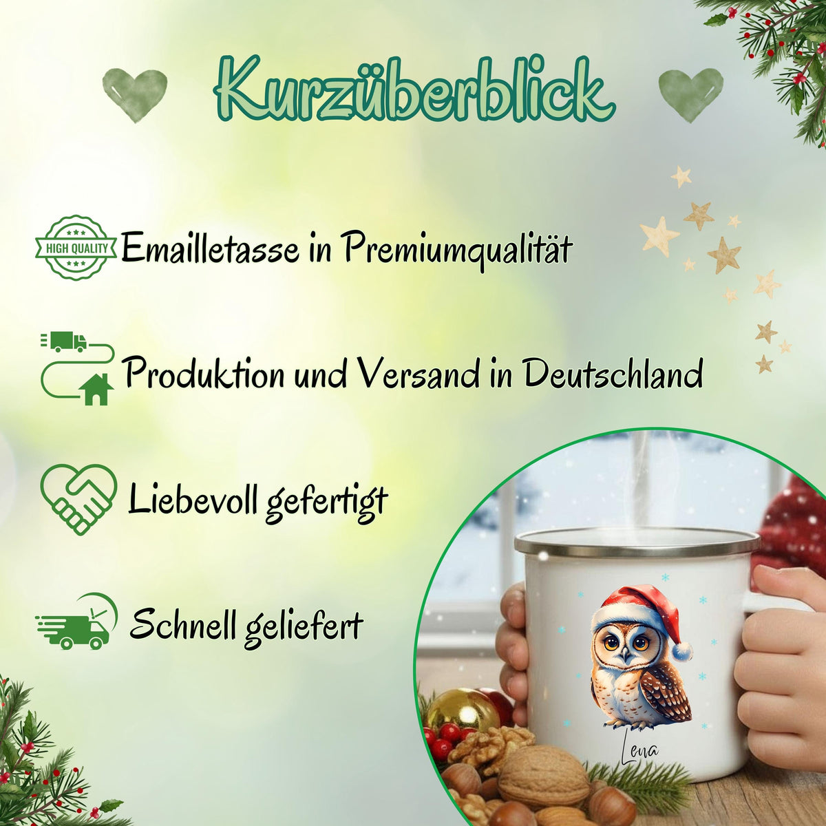 Emaille Kindertasse Weihnachten personalisiert mit niedlichem Eulenmotiv. Die winterliche Tasse zeigt eine süße Eule mit Weihnachtsmütze – liebevoll gestaltet und perfekt für Kinder. Dank Personalisierung mit Namen wird sie zum besonderen Weihnachtsgeschenk für Jungen und Mädchen. Ideal für Kakao, Tee oder Milch in der Winterzeit. Die Emaille-Tasse eignet sich perfekt als festliches Geschenk im Advent, Nikolaus oder unter dem Weihnachtsbaum. Ein persönliches Winterhighlight für Kinder