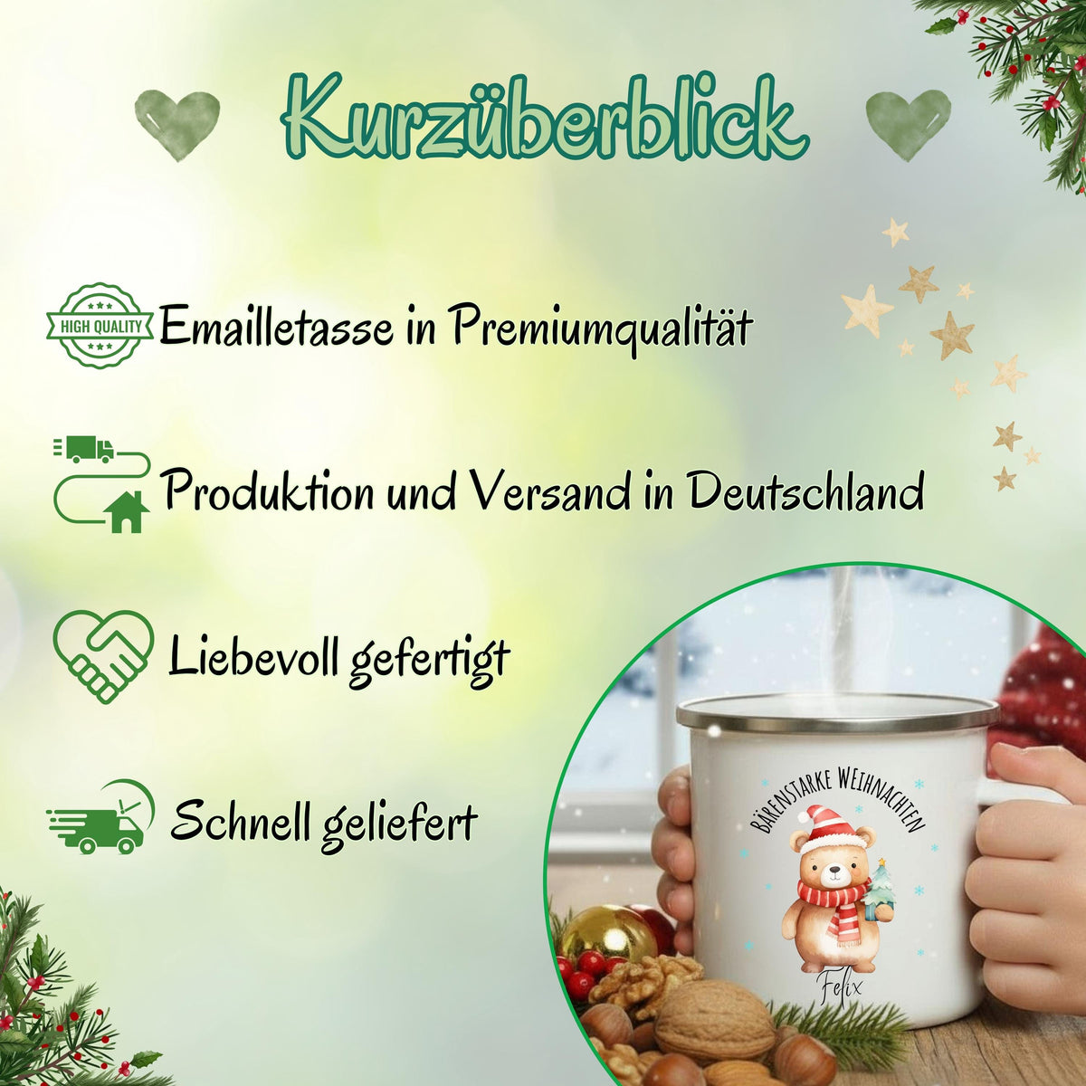 Emailletasse für Kinder zu Weihnachten mit Bären-Motiv und Namen personalisierbar. Die Kindertasse zeigt einen Bären mit Weihnachtsmütze, umgeben von blauen Schneeflocken. Ideal als individuelles Geschenk für Kinder im Advent oder zu Weihnachten. Die Emaille-Tasse ist besonders leicht, robust und perfekt für heiße Getränke wie Kakao, Tee oder Milch. Ein liebevolles Weihnachtsgeschenk mit Namenspersonalisierung für kleine Jungen oder Mädchen – für bärenstarke Wintermomente mit Herz.