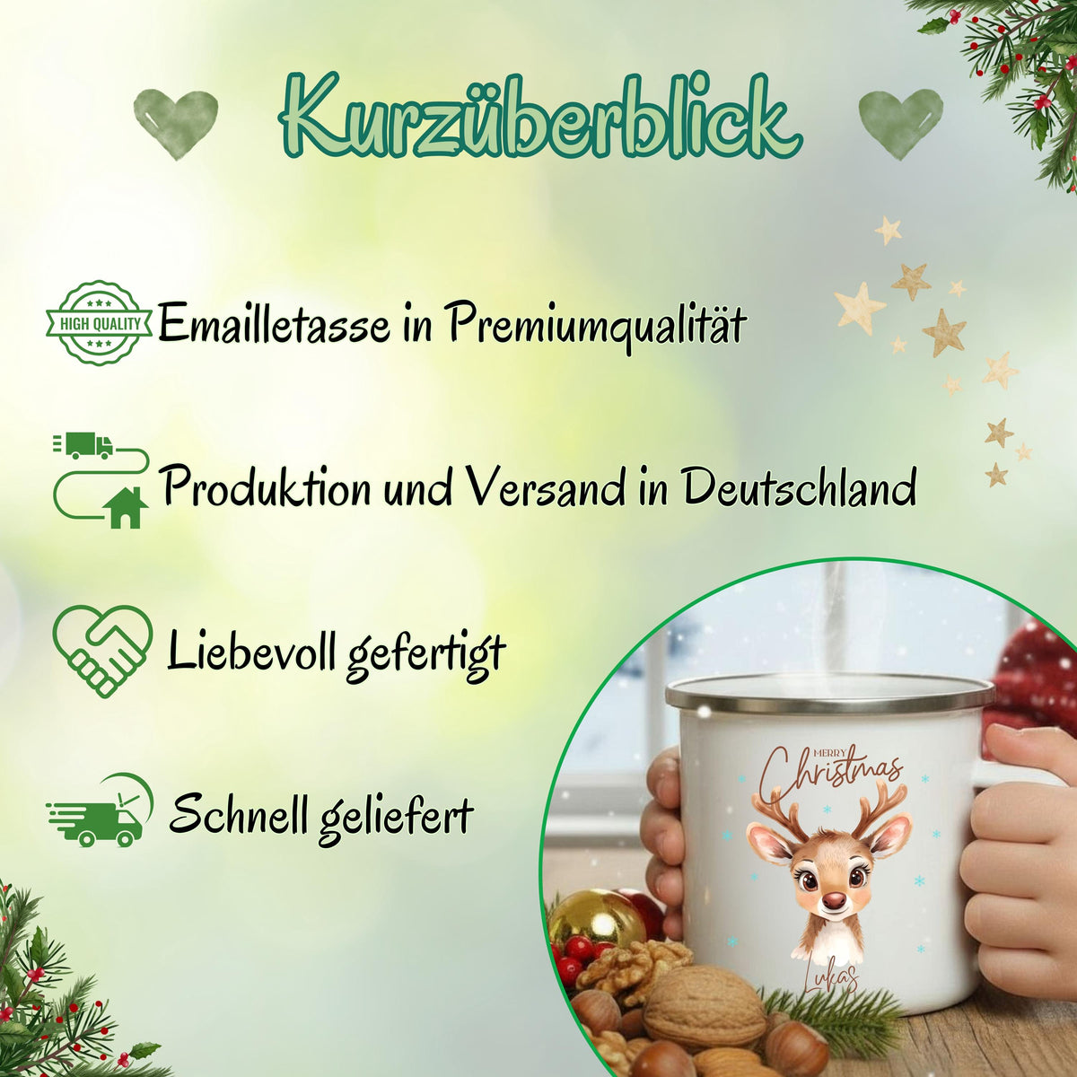 Personalisierte Emailletasse für Kinder mit winterlichem Reh‑Motiv und Namen. Die Kindertasse zeigt ein Rehkitz mit Weihnachtsmütze, umgeben von Schneeflocken. Ideal als Weihnachtsgeschenk für Mädchen oder Jungen und perfekte Ergänzung für Adventskalender, Nikolaus oder den Frühstückstisch. Diese robuste Emaille‑Tasse mit Wunschname ist leicht für Kinderhände und macht jeden Kakao‑ oder Teemoment zu einem kleinen Fest. Weihnachtsgeschenk Kind Emailletasse Personalisierte Kindertasse Weihnachten