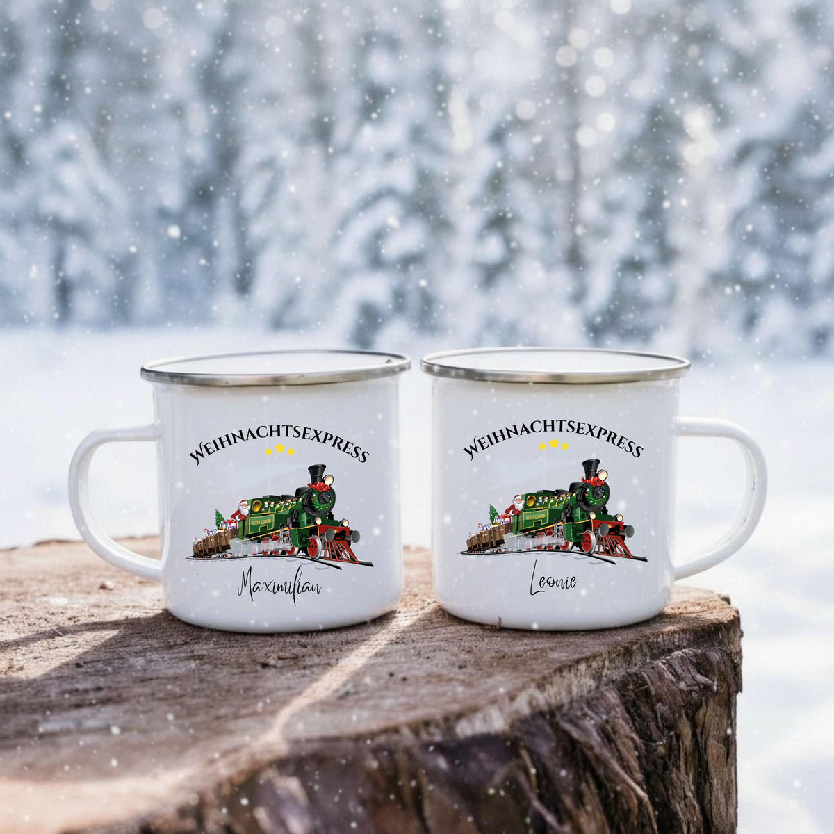 Personalisierte Kindertasse Weihnachten aus Emaille mit Weihnachtszug, Eisenbahn, Weihnachtsmann, Geschenk, Schneelandschaft und Name. Emailletasse personalisiert für Kinder, perfekt als Nikolausgeschenk, Wichtelgeschenk oder Geschenkidee für Weihnachten. Weihnachtsbecher Eisenbahn Motiv, Tasse mit Namen für Jungen und Mädchen. Ideal als Kinderbecher Weihnachten, langlebig, robust und leicht. Weihnachtsbecher mit Namen für Adventskalender oder Heiligabend. Emailletasse Weihnachtszug mit Namen