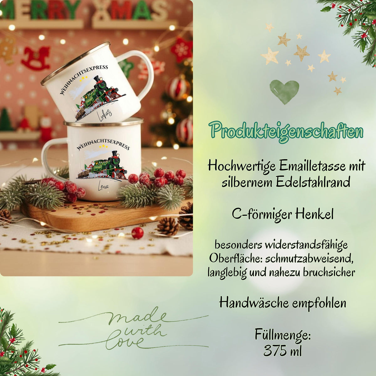 Personalisierte Kindertasse Weihnachten aus Emaille mit Weihnachtszug, Eisenbahn, Weihnachtsmann, Geschenk, Schneelandschaft und Name. Emailletasse personalisiert für Kinder, perfekt als Nikolausgeschenk, Wichtelgeschenk oder Geschenkidee für Weihnachten. Weihnachtsbecher Eisenbahn Motiv, Tasse mit Namen für Jungen und Mädchen. Ideal als Kinderbecher Weihnachten, langlebig, robust und leicht. Weihnachtsbecher mit Namen für Adventskalender oder Heiligabend. Emailletasse Weihnachtszug mit Namen
