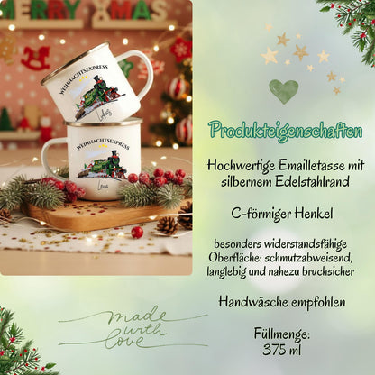 Personalisierte Kindertasse Weihnachten aus Emaille mit Weihnachtszug, Eisenbahn, Weihnachtsmann, Geschenk, Schneelandschaft und Name. Emailletasse personalisiert für Kinder, perfekt als Nikolausgeschenk, Wichtelgeschenk oder Geschenkidee für Weihnachten. Weihnachtsbecher Eisenbahn Motiv, Tasse mit Namen für Jungen und Mädchen. Ideal als Kinderbecher Weihnachten, langlebig, robust und leicht. Weihnachtsbecher mit Namen für Adventskalender oder Heiligabend. Emailletasse Weihnachtszug mit Namen